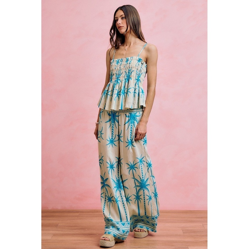 SO ME Palm Tree Smocked Bodice Adjustable Cami Top - Blue - Medium - Picture 11 of 16